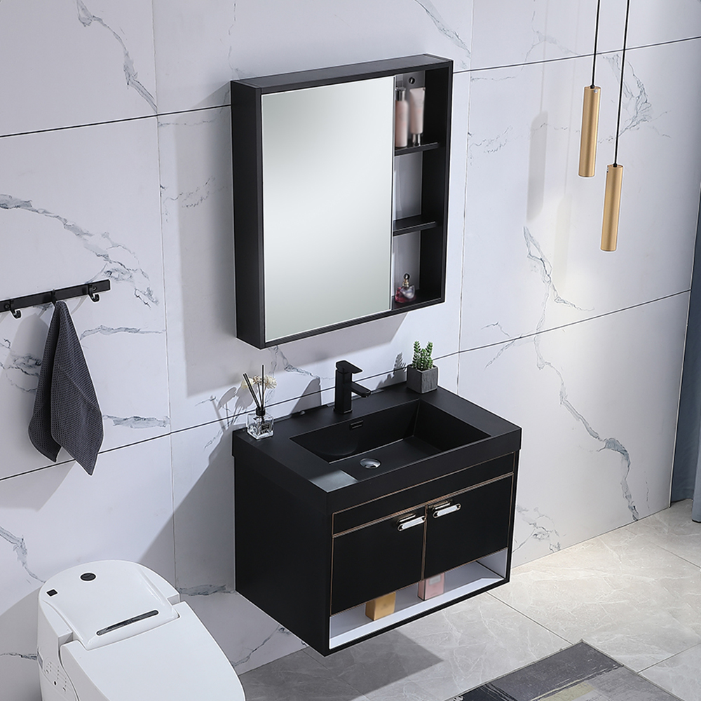 

32" Wall Mounted Black Bathroom Vanity Set Quartz Sink with Medicine Cabinet