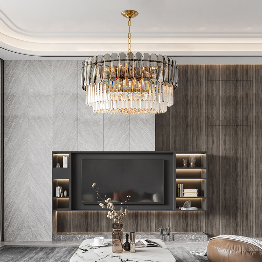 Contemporary 12-Light Crystal Tiered Chandelier in Brass & Grey