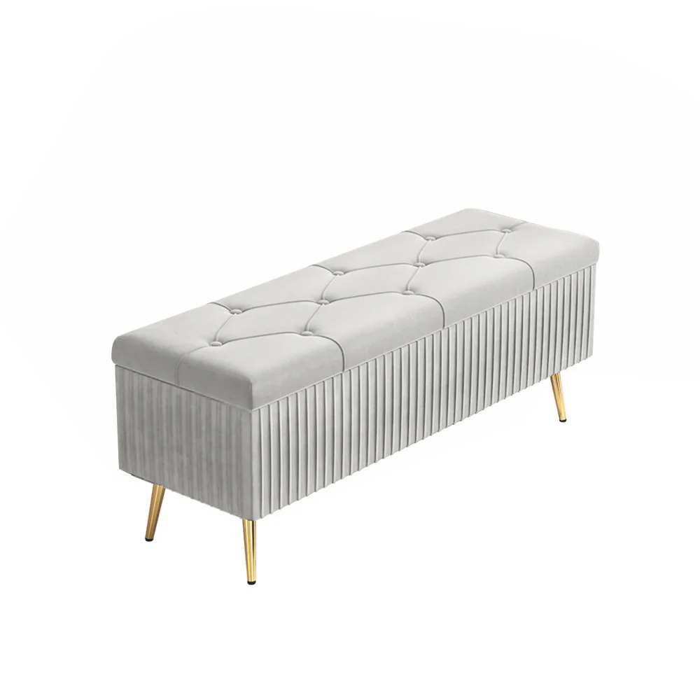 Modern Velvet Storage Bench Flip Top in Grey with Gold Legs