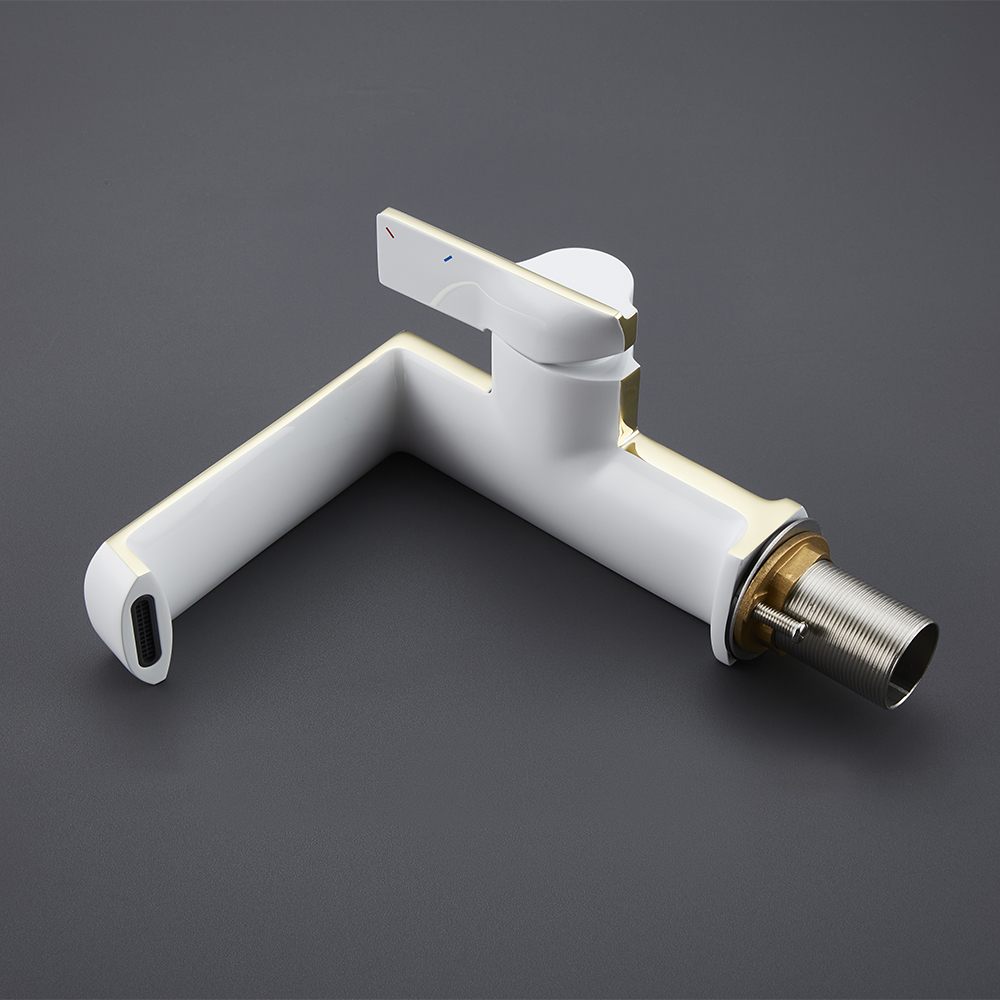 Monobloc Bathroom Basin Tap Solid Brass Single Lever Handle in White & Gold