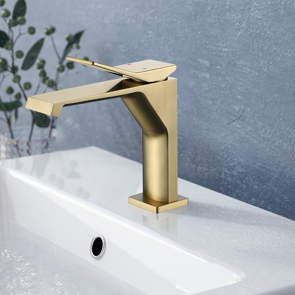 

Brushed Gold Single Hole Bathroom Sink Faucet Solid Brass