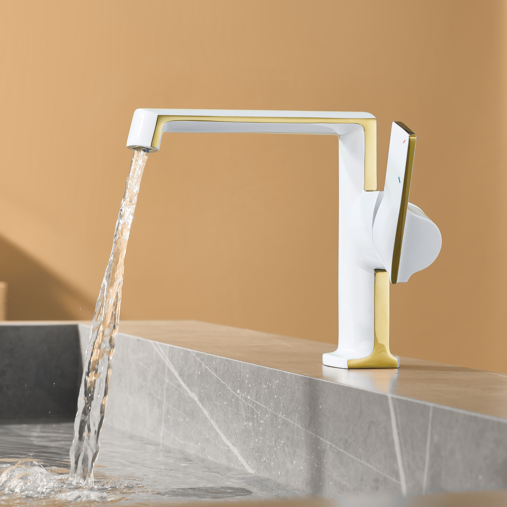Monobloc Bathroom Basin Tap Solid Brass Single Lever Handle in White & Gold