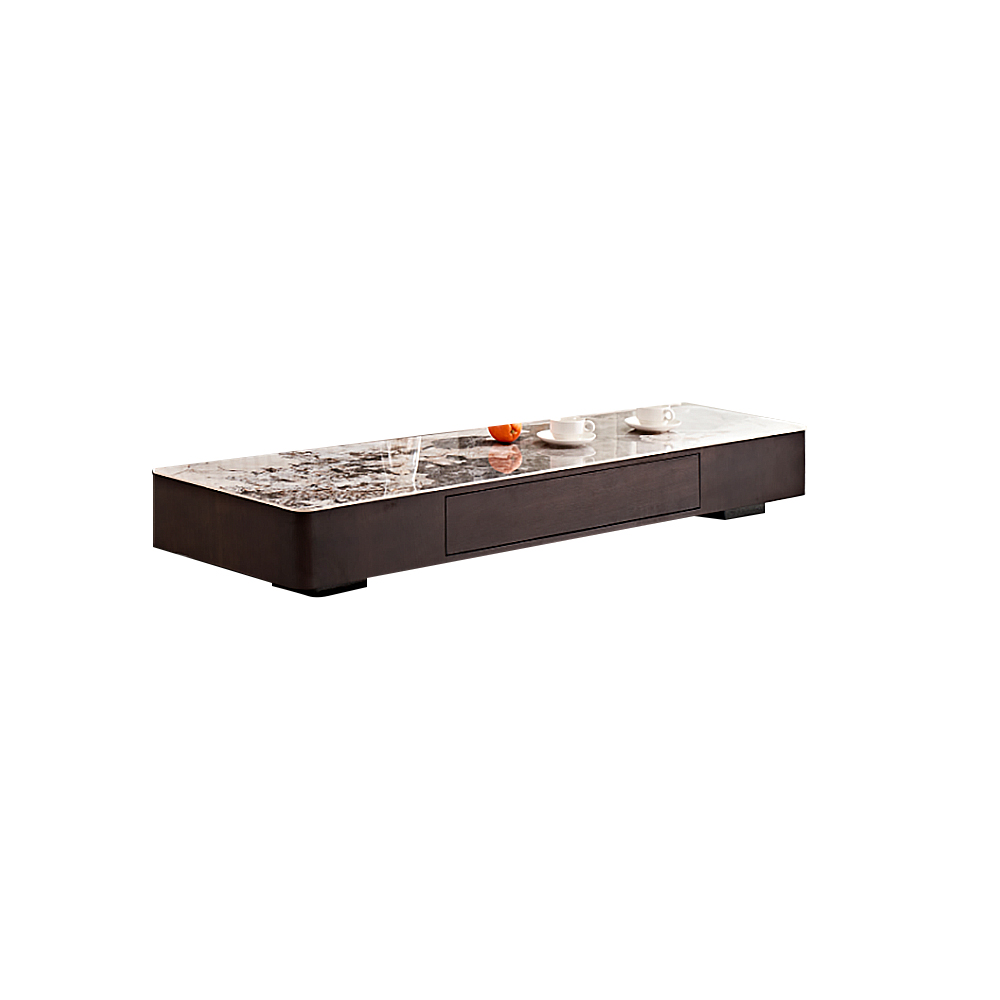 2 Pieces Modern Brown Stone Top Coffee Table Set 2 Drawers with Storage