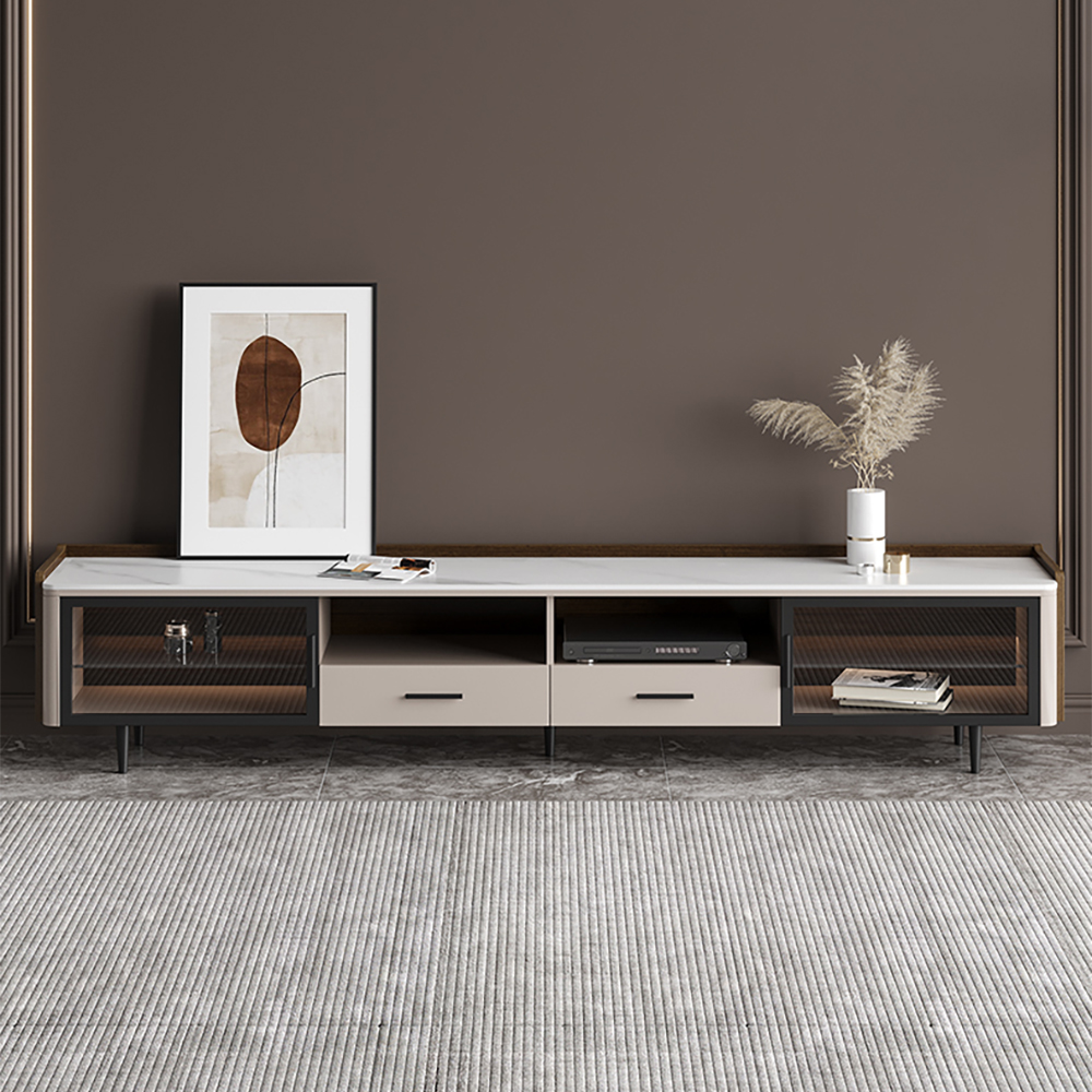 

86.6" TV Stand with Stone Top & Cable Management in Off White & Walnut