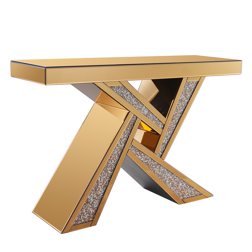 Gold Glass Top Console Table with Irregular Base and Glitter Accents