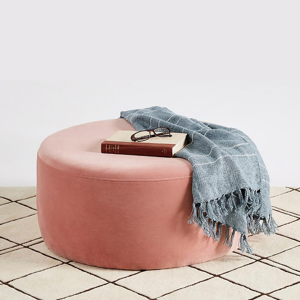 

Modern Pink Velvet Round Ottoman in Solid Wood Frame