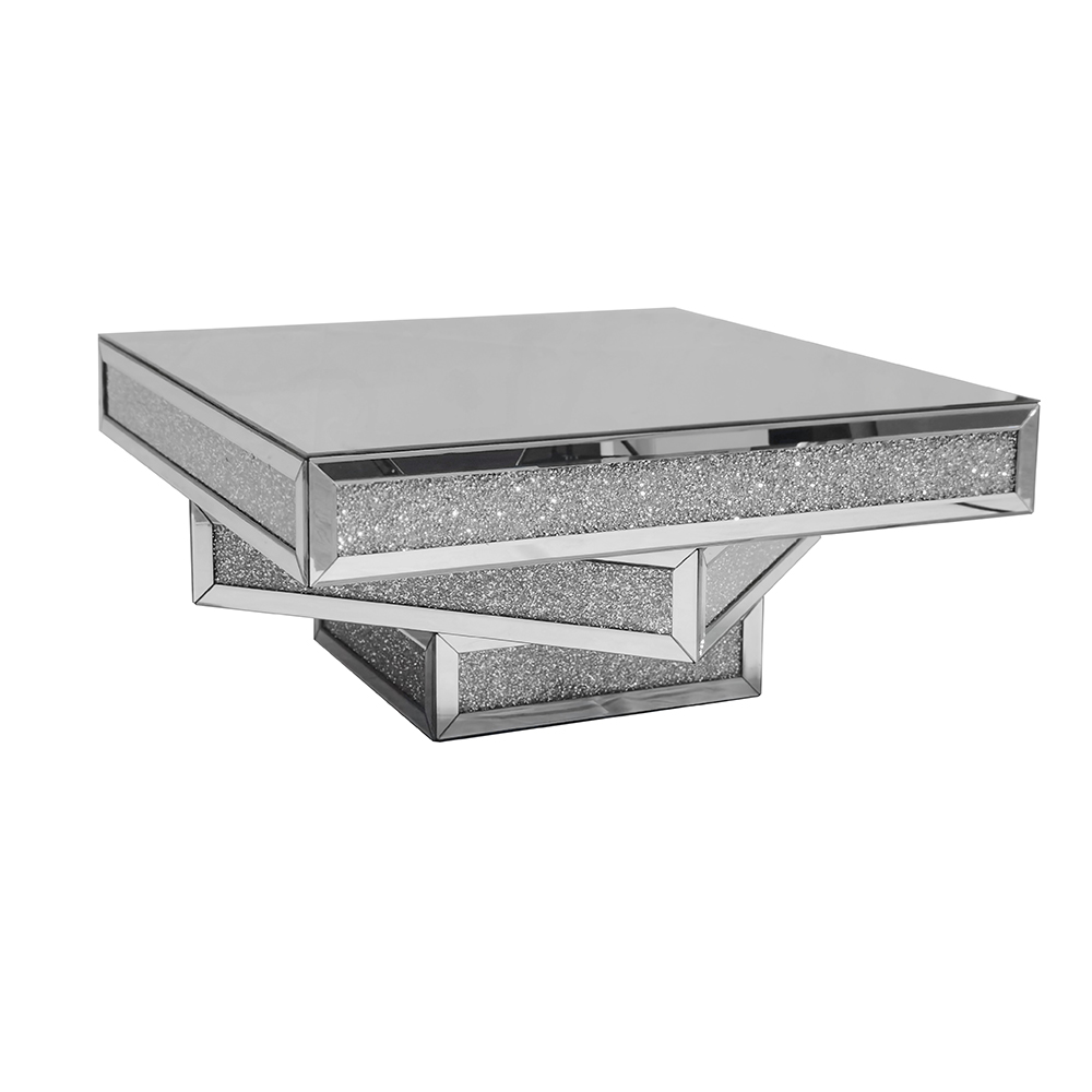 Modern Glam Mirrored Glass Coffee Table with Glitter AccentsHomary