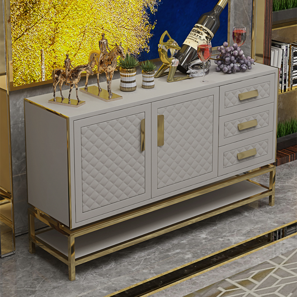 

59" Faux Leather Kitchen Sideboard 3 Drawers & 2 Doors with Storage in Gray