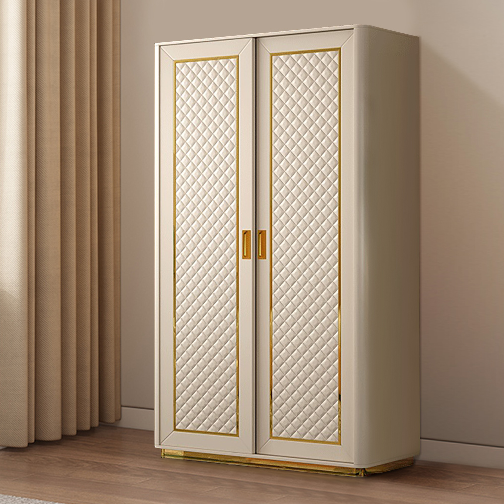 

76" Beige Faux Leather Wardrobe 2-Door with Storage Drawer & Shelves Included