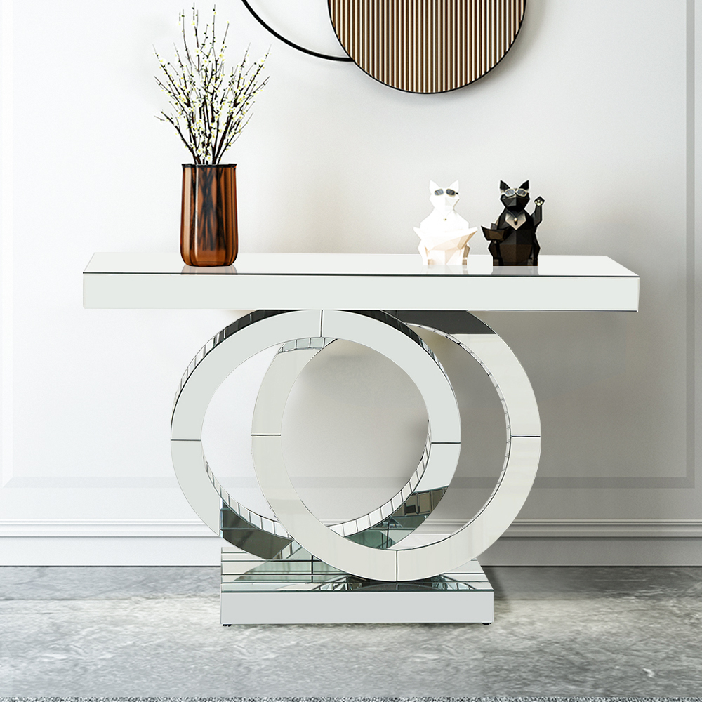

Modern Silver Console Table with Interlaced Rings Base for Entryway Hallway