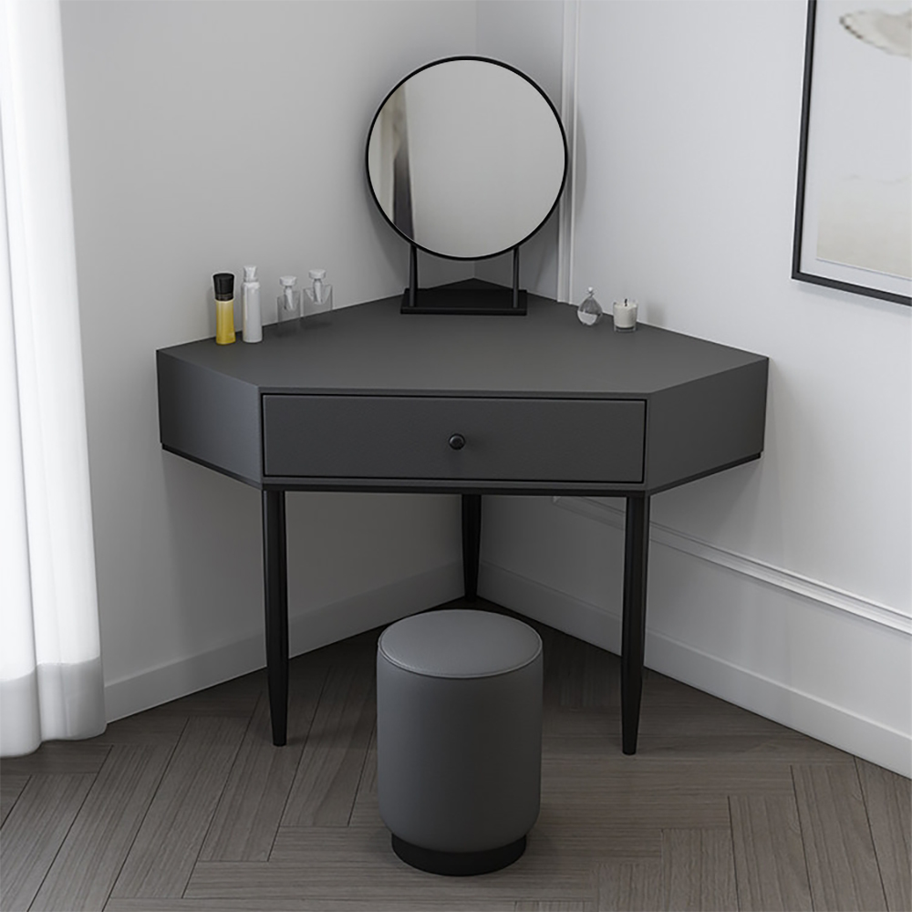 

Minimalist Gray Corner Makeup Vanity Set Mirror & Stool Included