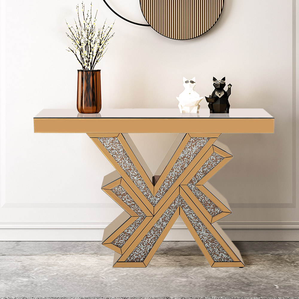 

Contemporary Gold Glass Console Table with Irregular Base and Glitter Accents