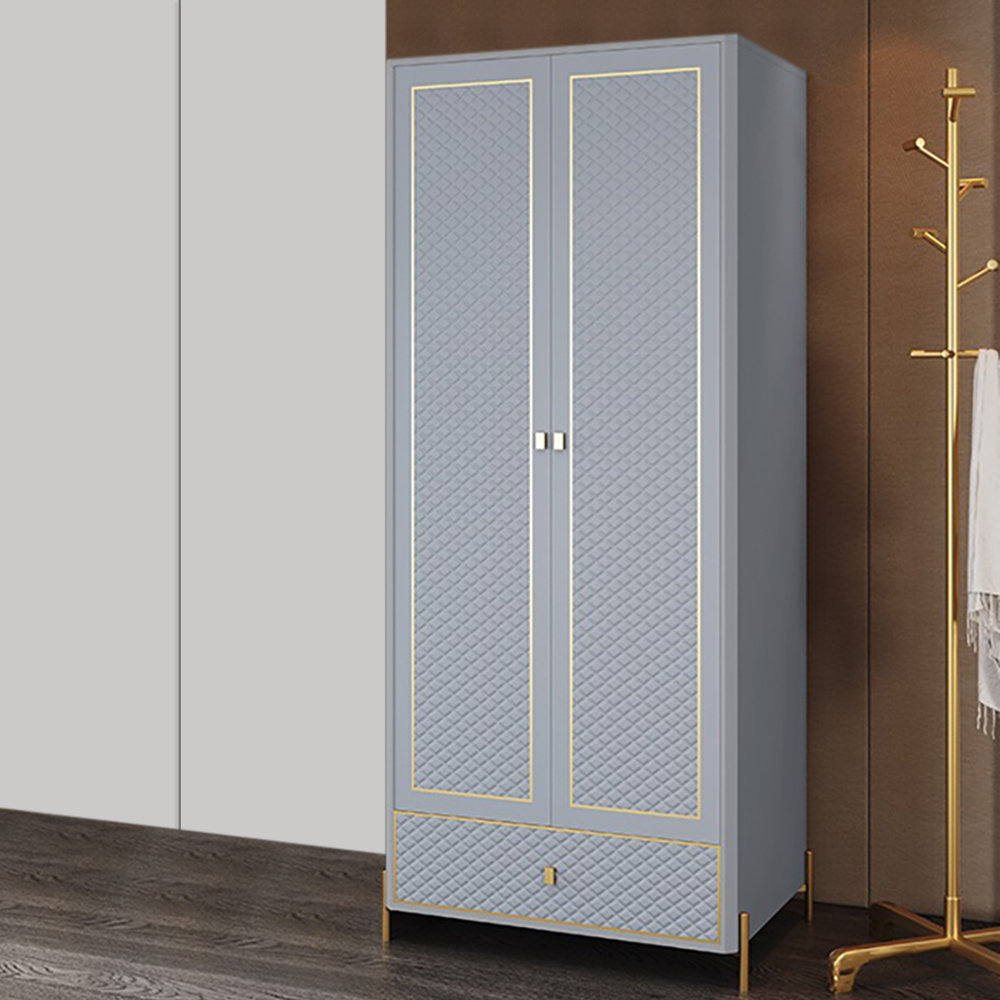 

78" Modern Faux Leather Wardrobe with Doors & Drawer in Grayish Blue