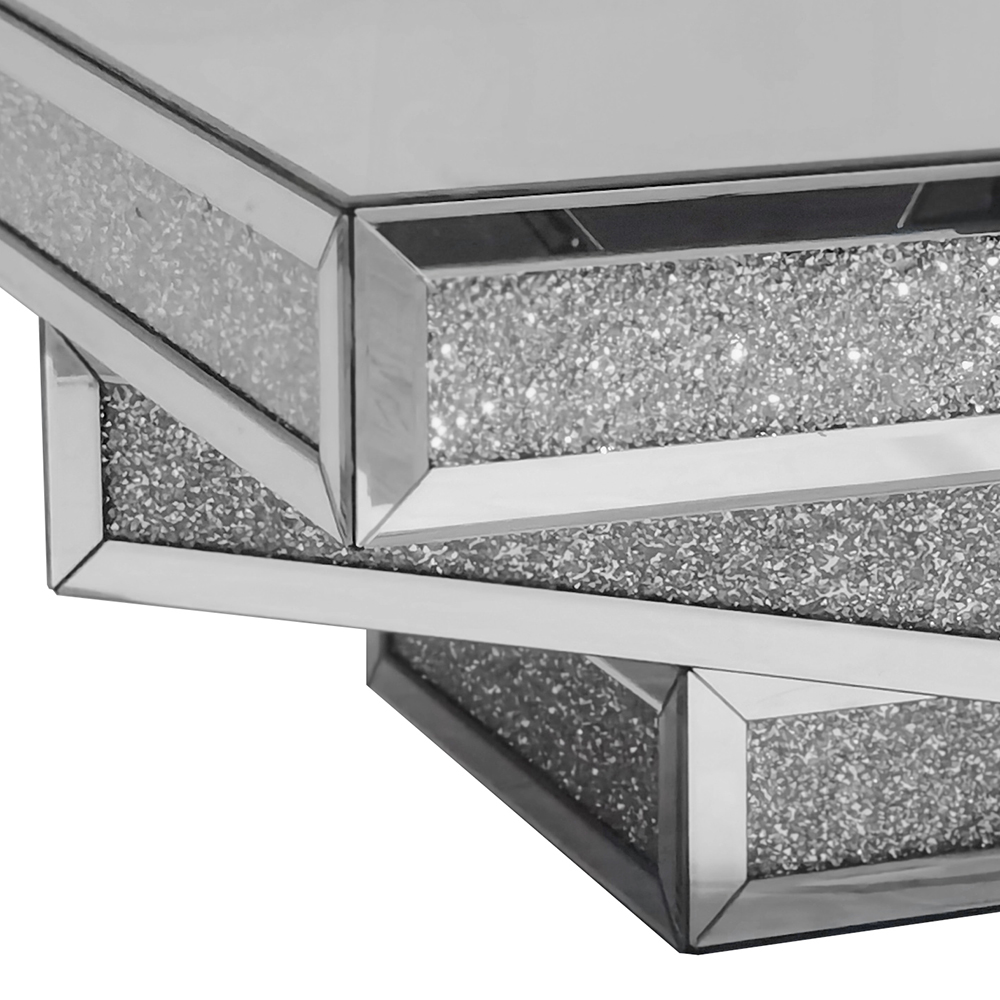 Modern Glam Mirrored Glass Coffee Table with Glitter AccentsHomary