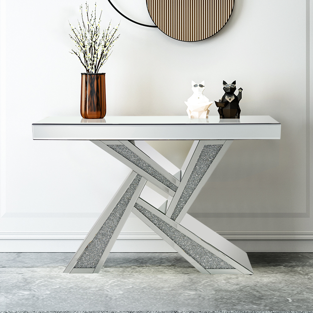 

Silver Glass Top Console Table with Irregular Base and Glitter Accents