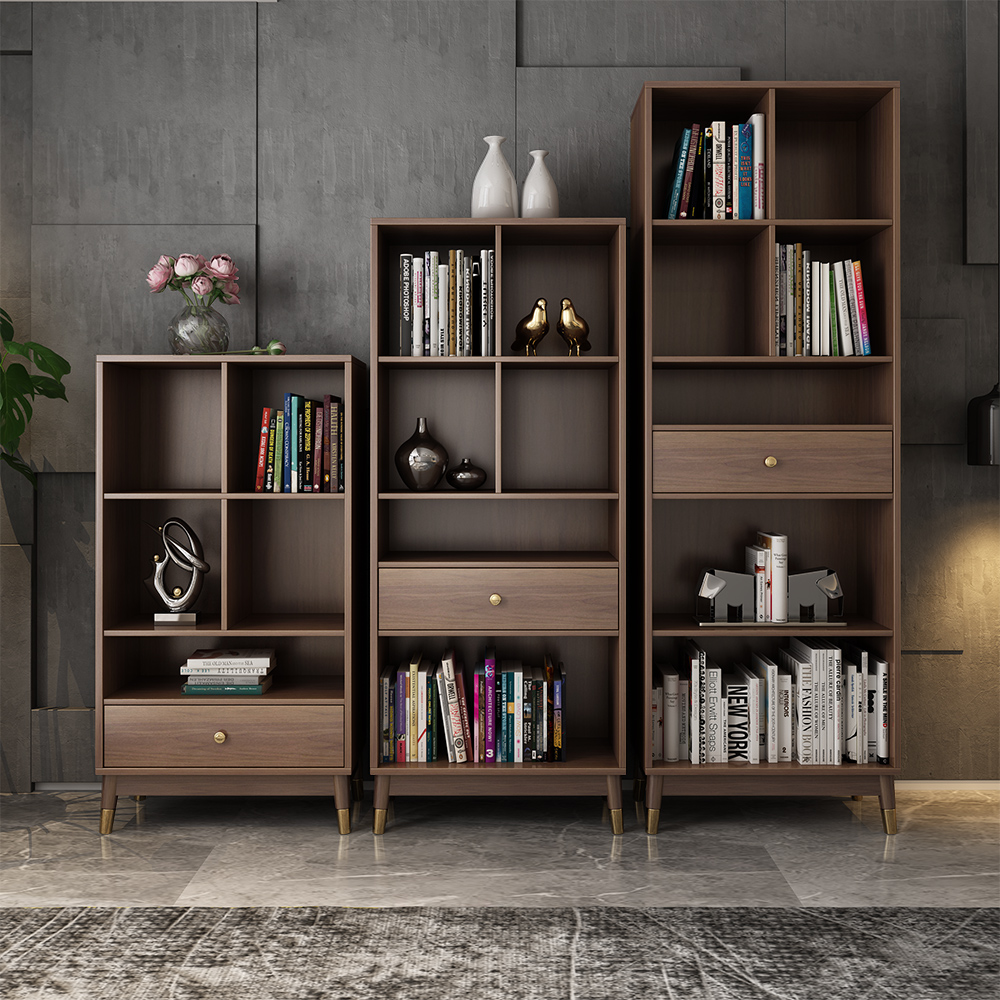 Modern Walnut Bookshelf Bookcase with Metal Frame and Drawer