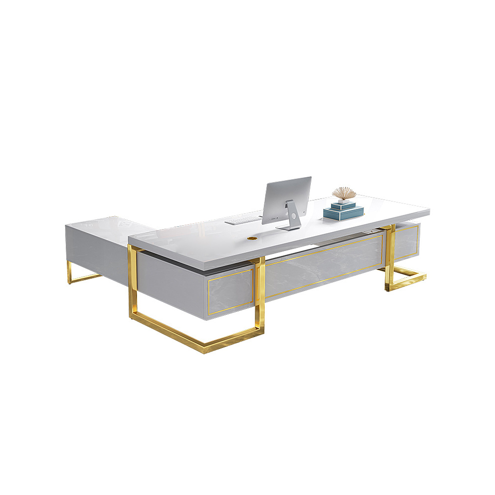L-Shaped Modern Office Executive Desk of Right Hand with Storage in White & Gold