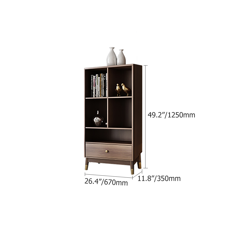 Contemporary Walnut Bookshelf Bookcase with Metal Frame and Drawer