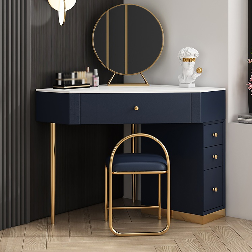 

Corner Blue Modern Makeup Vanity Set with Drawers & Stool & Mirror