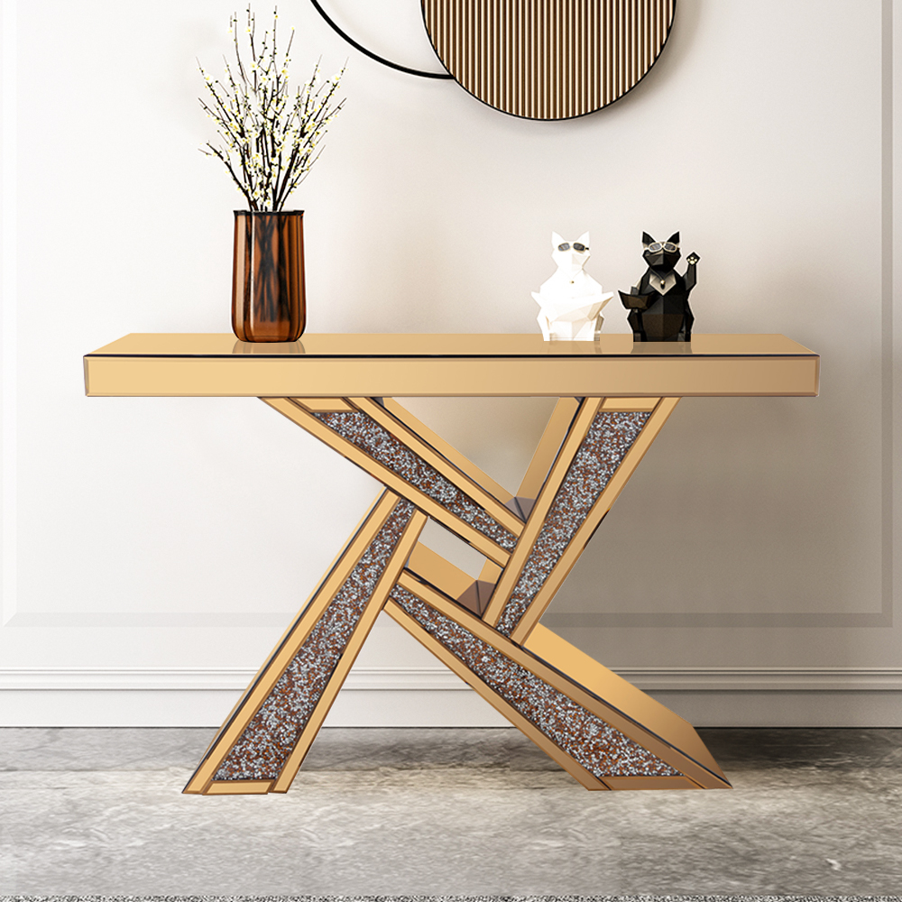 Gold Glass Top Console Table with Irregular Base and Glitter Accents
