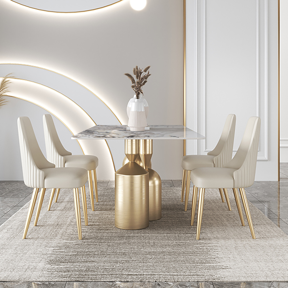 63" Rectangle Contemporary Dining Table in Gold with Stone TopHomary