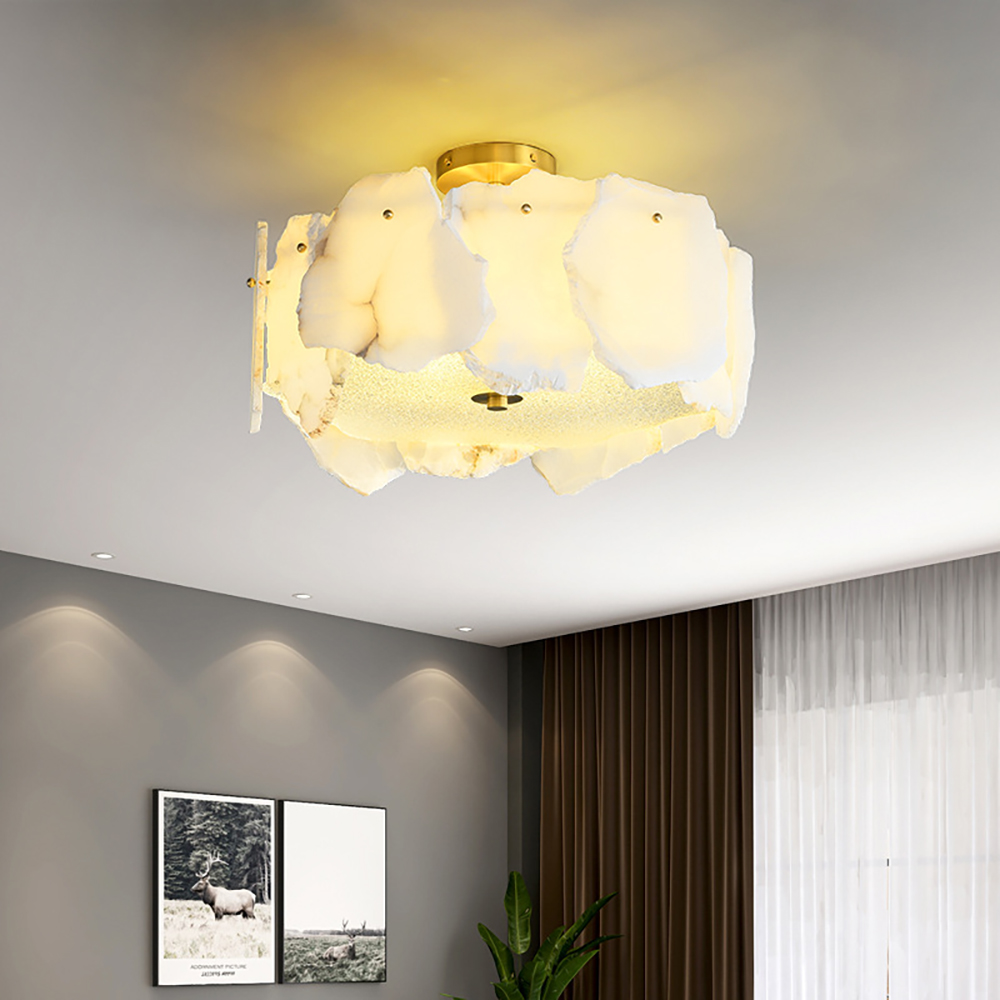 

Faux Marble Glass Drum Semi-Flush Mount Light 5-Light in Brass