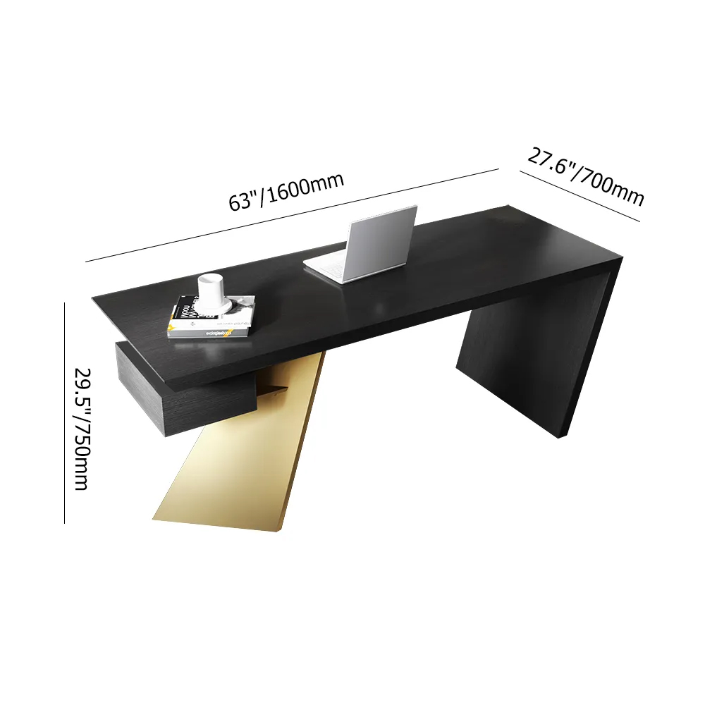 63" Black and Gold Executive Desk Modern Writing Desk with Drawer