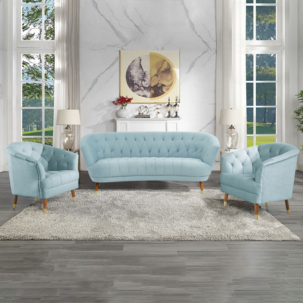

Nordic Light Blue Sofa Set 3 Pieces Living Room Set Tufted Back Armchairs