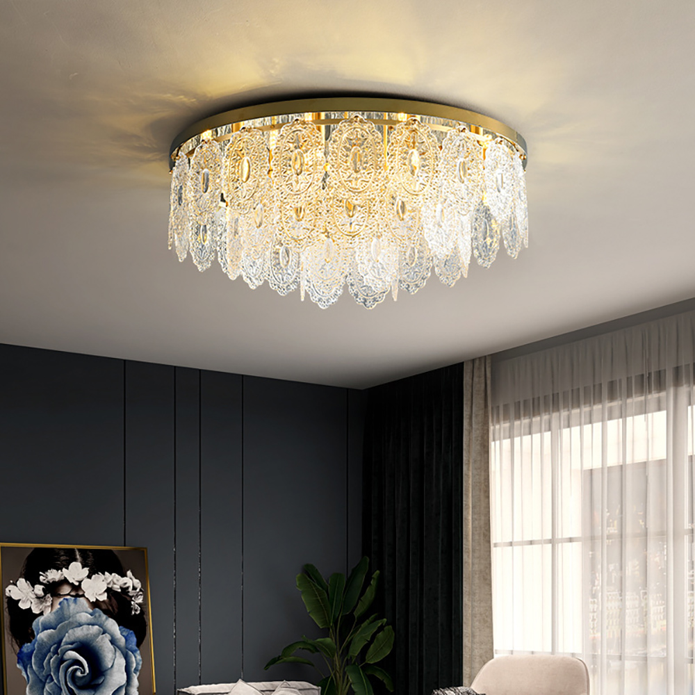 

Modern Round 16-Light Tiered Glass Flush Mount Light in Brass