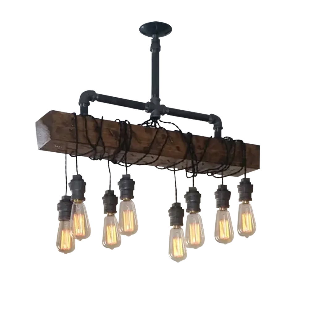 Industrial 8-Light Island Pendant Light with Wood Beam & Plumbing Pipe