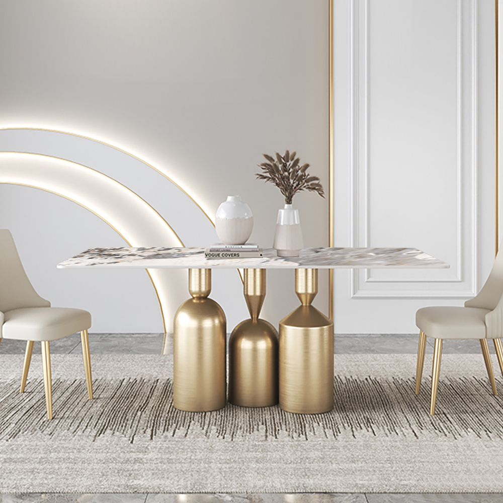 

63" Rectangle Contemporary Dining Table in Gold with Stone Top