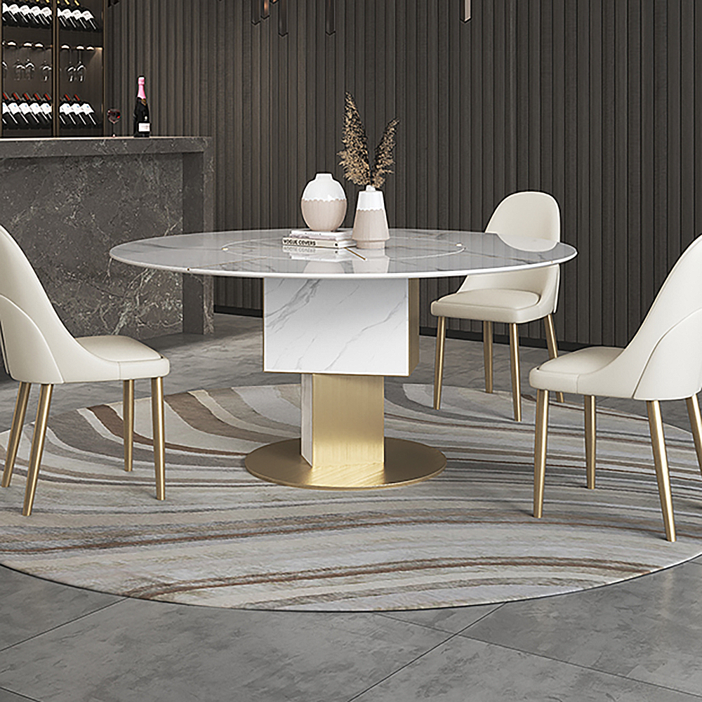 53" White & Gold Round Dining Table with Lazy Susan of Light Luxury & Modern