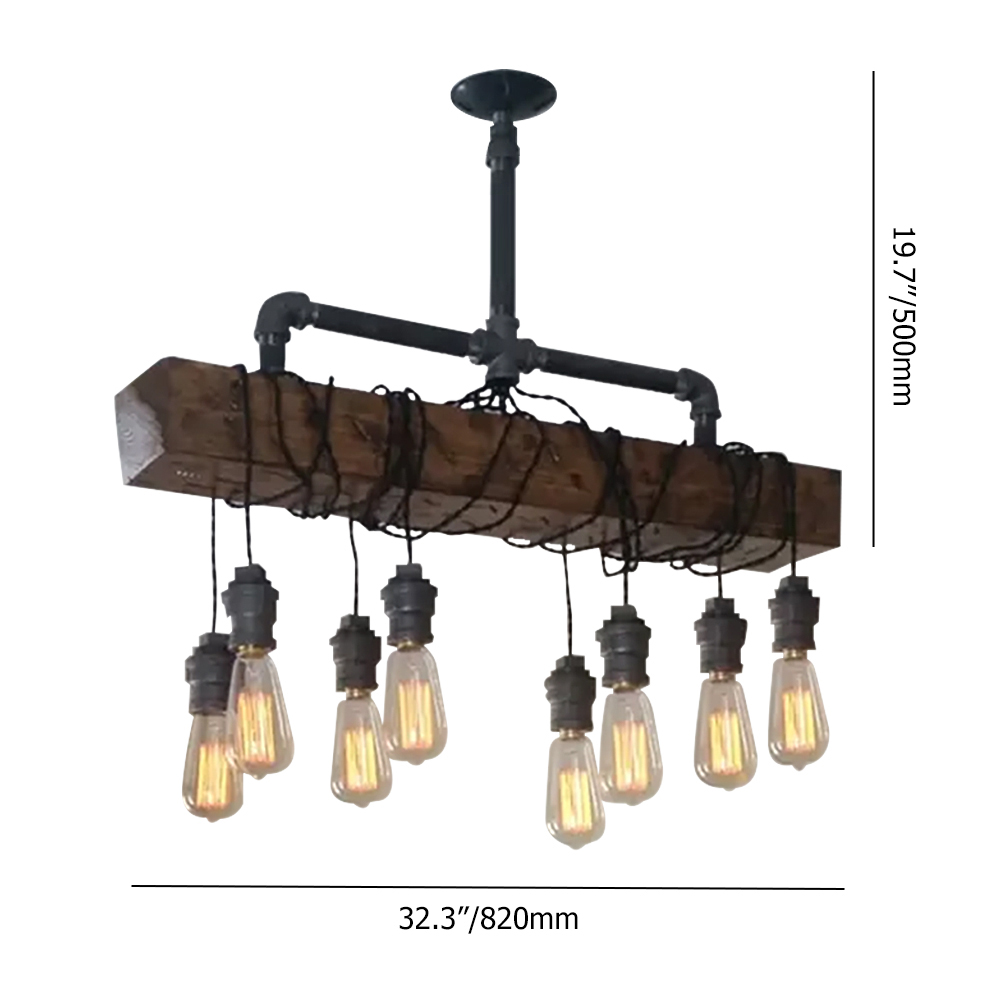 Industrial 8-Light Island Pendant Light with Wood Beam & Plumbing Pipe