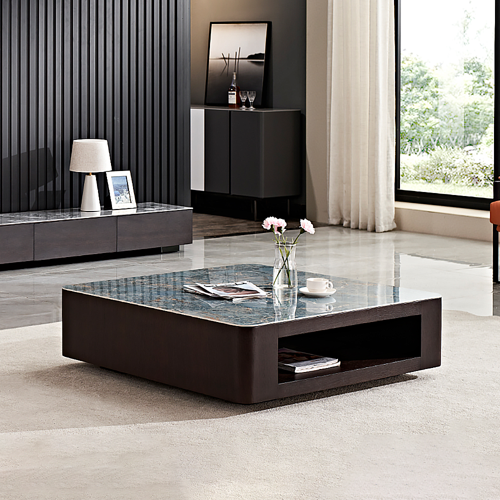 

Contemporary Square Stone Top Coffee Table with Shelf in Blue & Brown