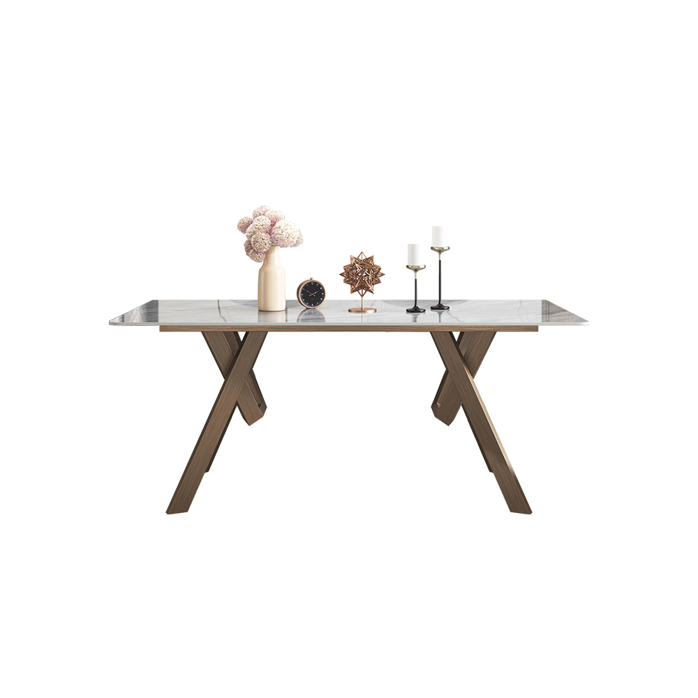 

63" Gray & Gold Rectangle Stone Top Dining Table with Double Pedestal