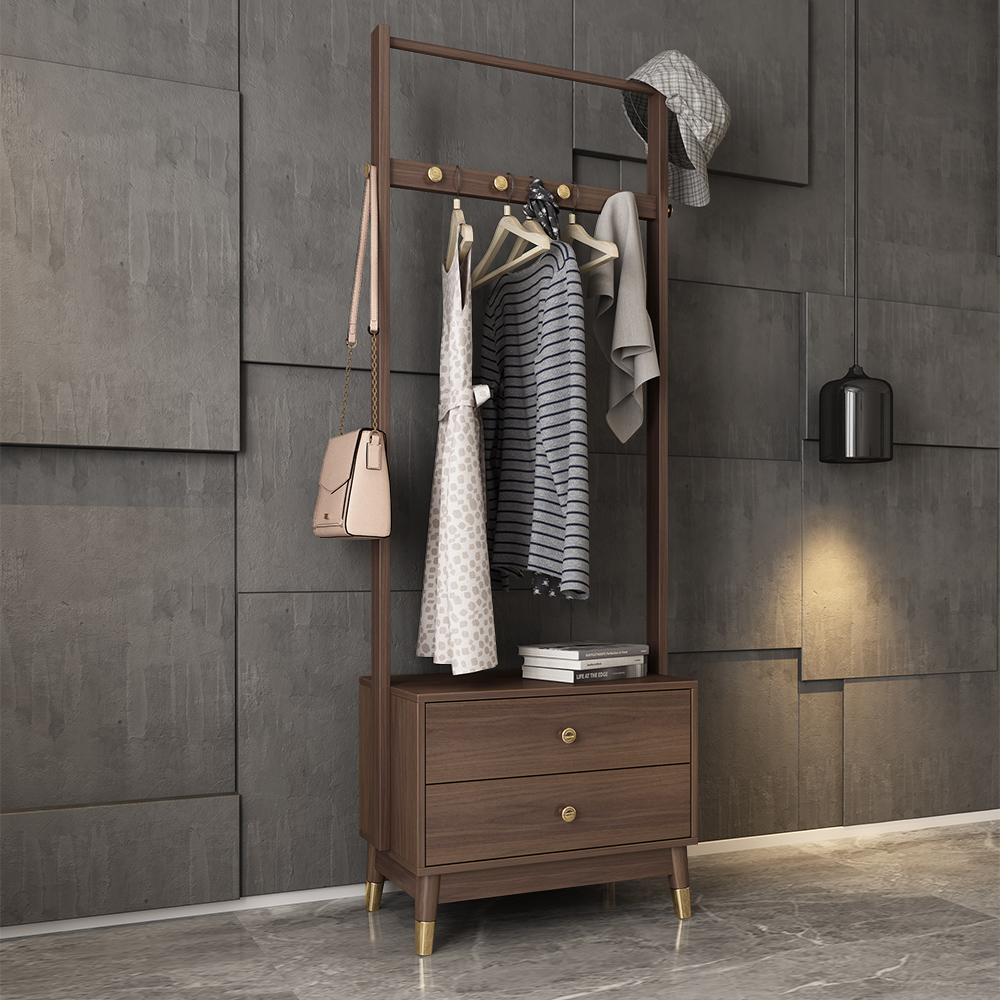 Walnut Classic Clothes Rack with Wood Frame Drawers Included