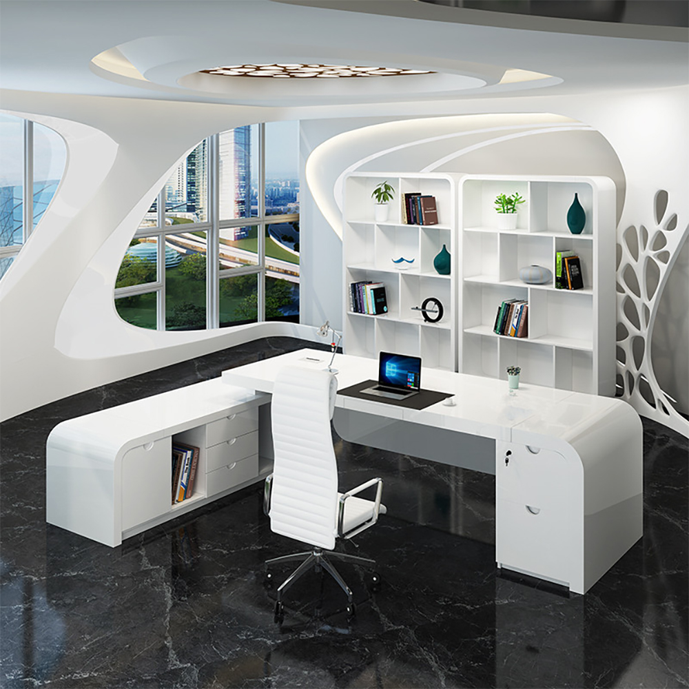 L-shaped Contemporary Executive Desk with Ample Storages Left Hand in White