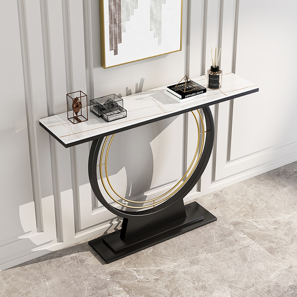 Contemporary Rectangle Stone Top Console Table in Black & White & Gold for Hallway