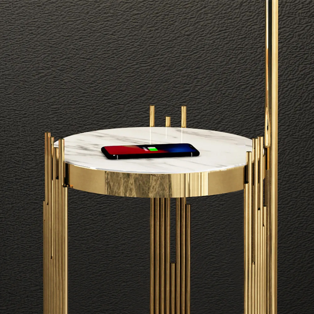 Modern Floor Lamp End Table with Glass Shade, Wireless Charger & USB