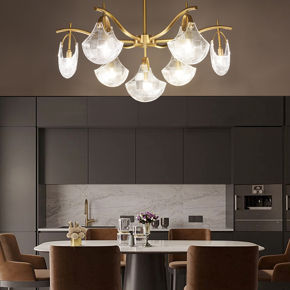 

7-Light Semi-Flush Mount Ceiling Light with Clear Carved Shade & Brass Curved Branch
