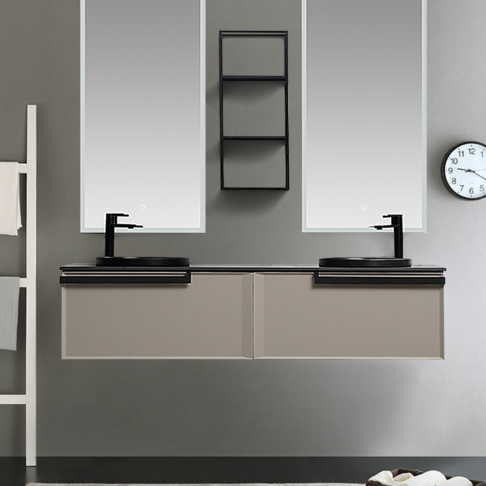

63'' Floating Bathroom Vanity Double Sinks 2 Drawers with Side Cabinet in Beige
