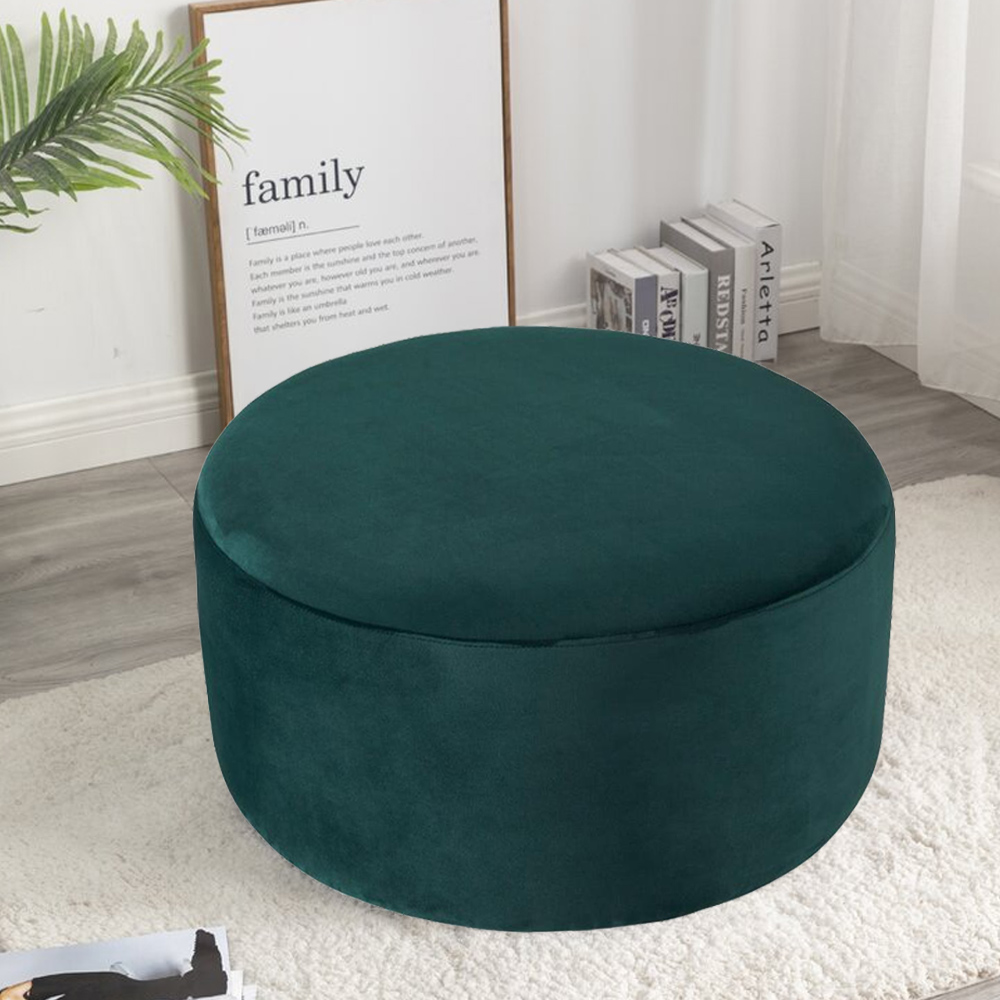 

Modern Green Velvet Round Ottoman in Solid Wood Frame