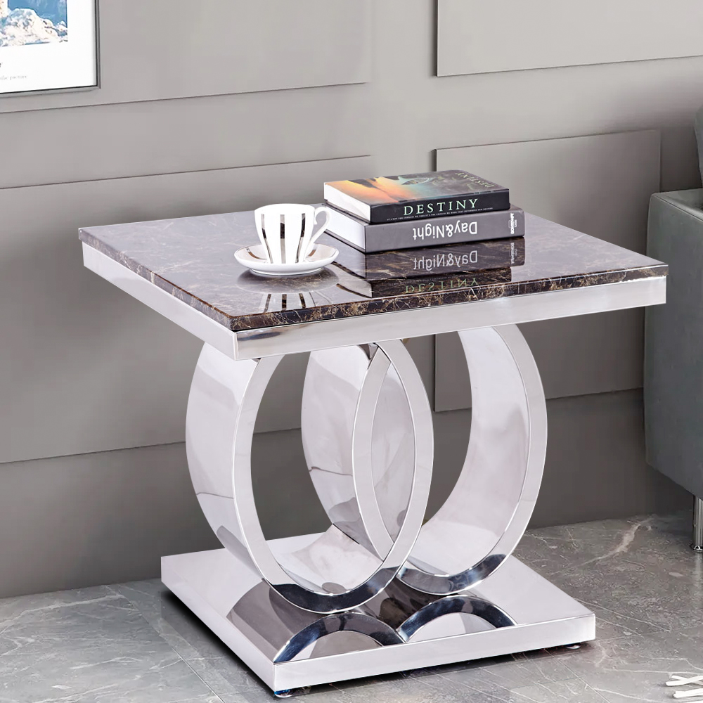 

Square Side Table with Oval Stainless Steel Base & Faux Marble Top