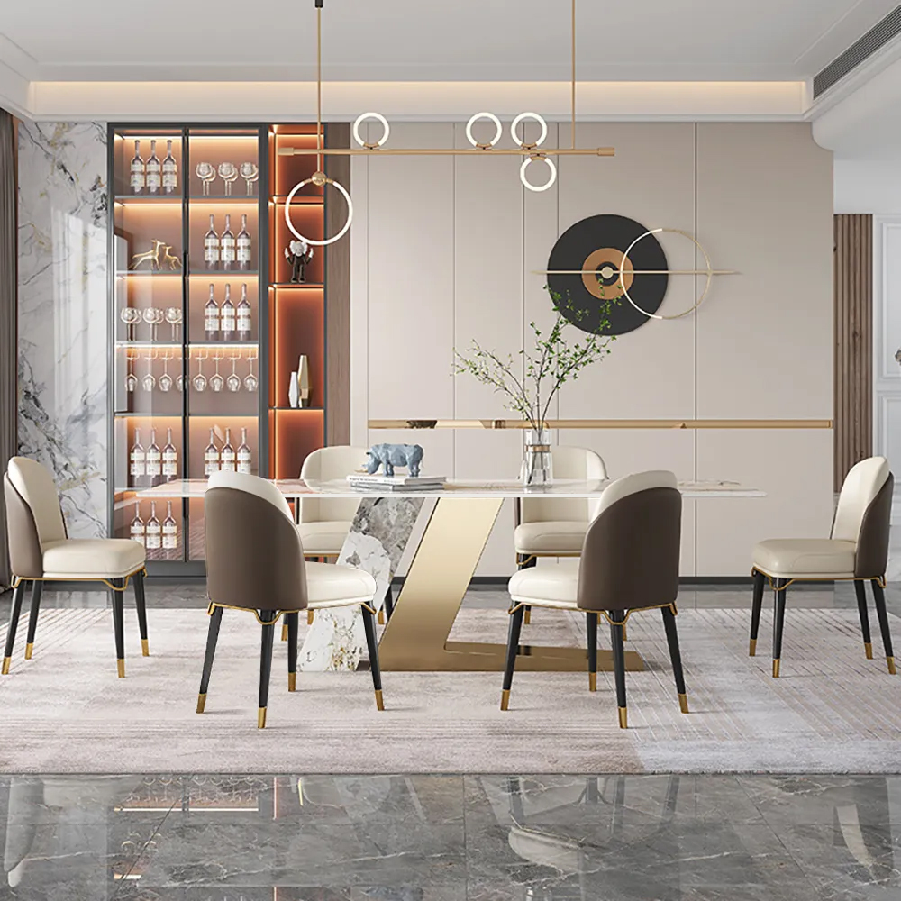 Table de salle à manger rectangulaire moderne en pierre pour 6 personnes avec base en acier inoxydable doré 2000 mm
