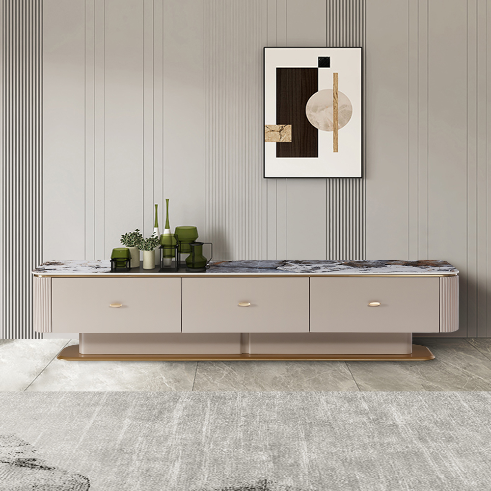 

78.7" Contemporary Khaki Stone Top TV Stand with Frame in Brushed Champagne