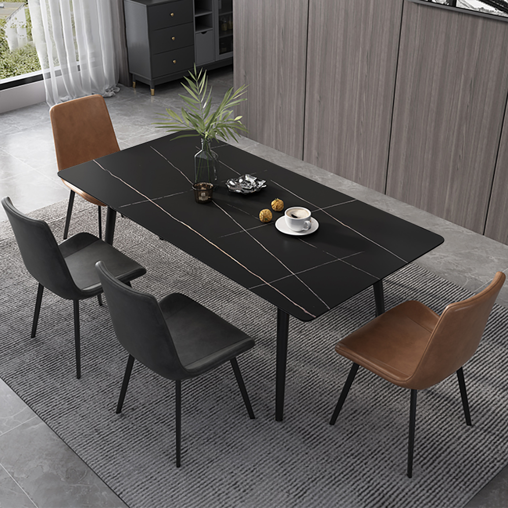 63" Minimalist Dining Set Of 5 With Rectangle Matte Stone Top In Black