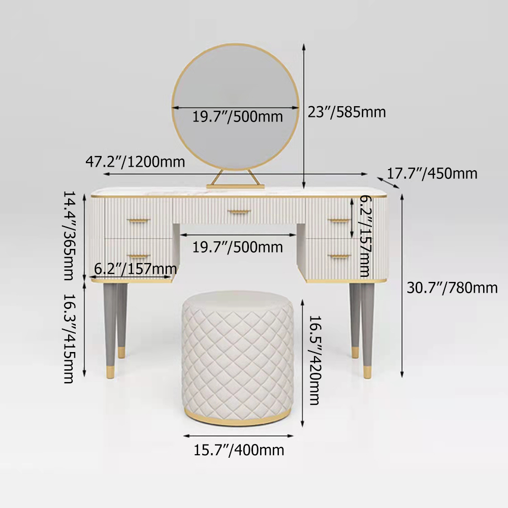 Modern Off White Makeup Vanity Set with Mirror & StoolHomary
