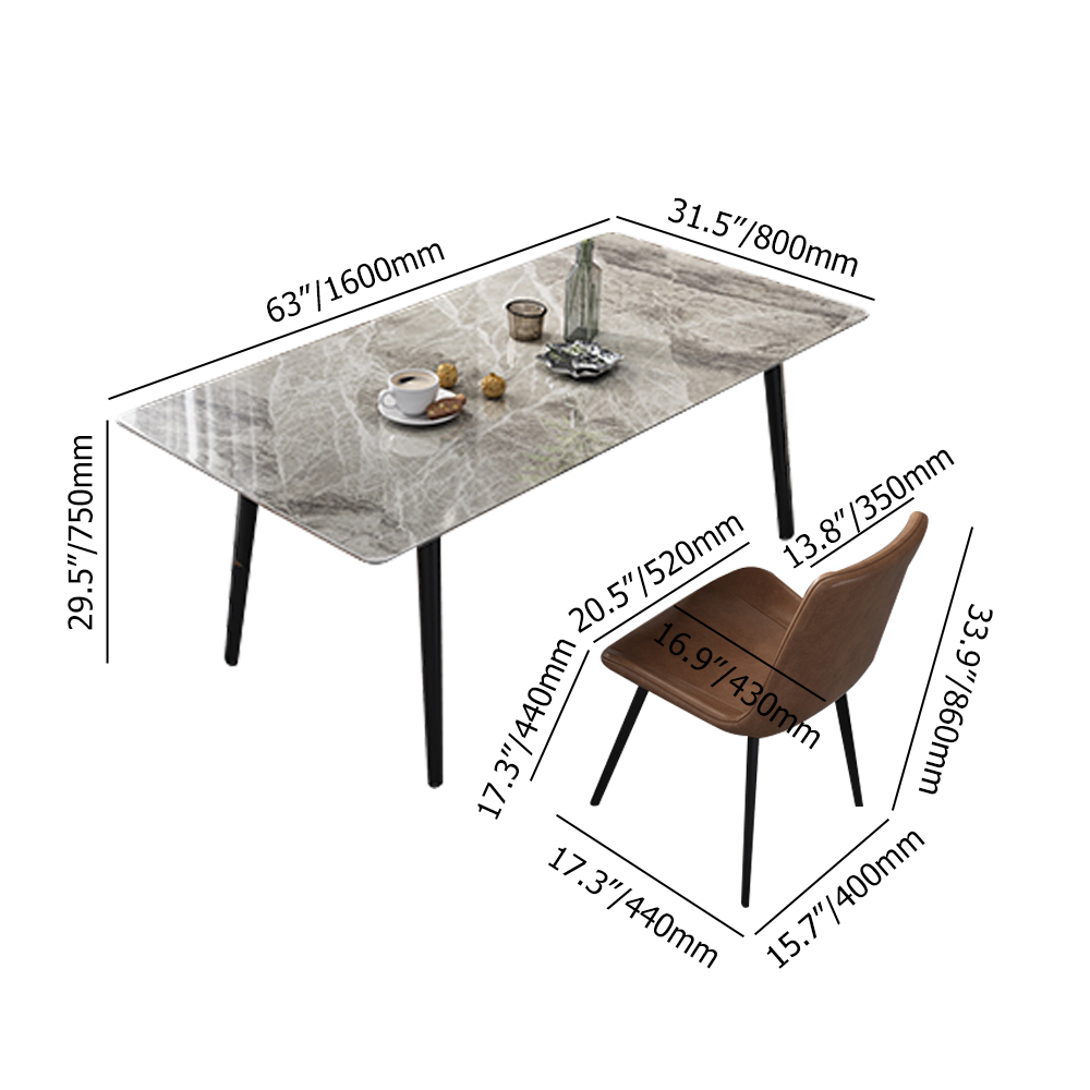 Ensemble de table de salle à manger rectangulaire de 63 po avec plateau en pierre 4 chaises en gris et noir