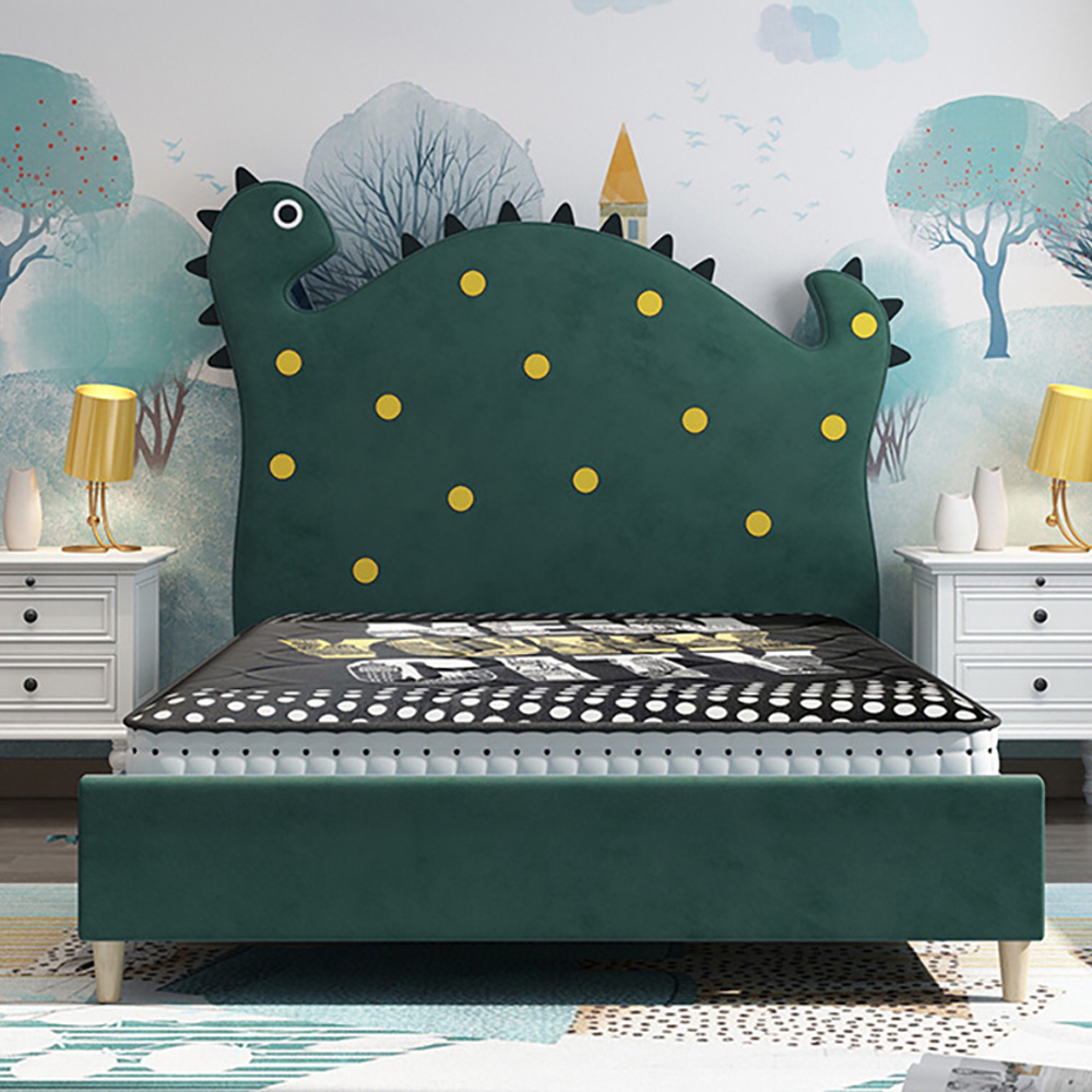 

Green Low Profile Bed Frame Velvet Upholstered Bed with Creative Headboard
