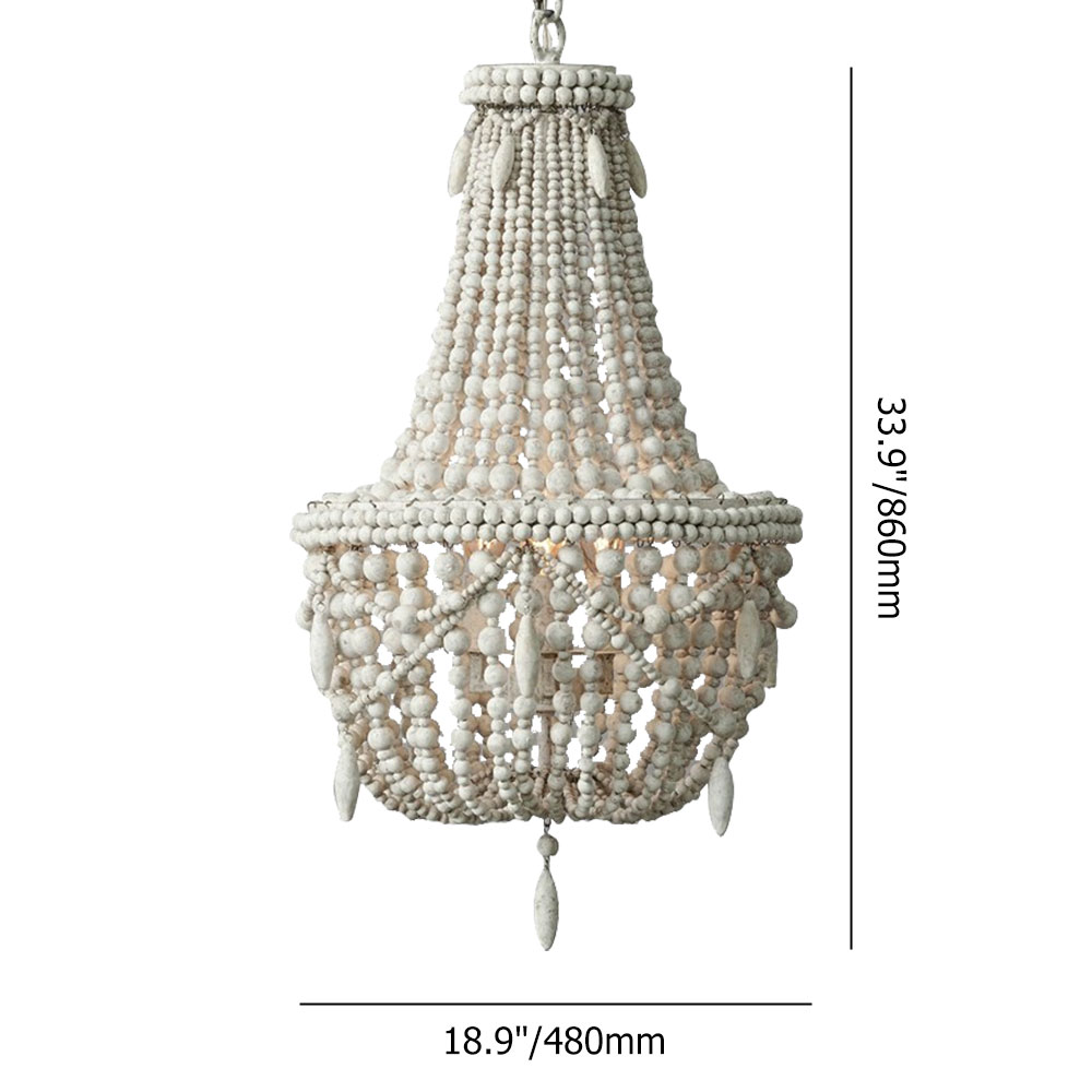 Farmhouse Distressed Wood Beaded 3-Light Large Chandelier in Antique White